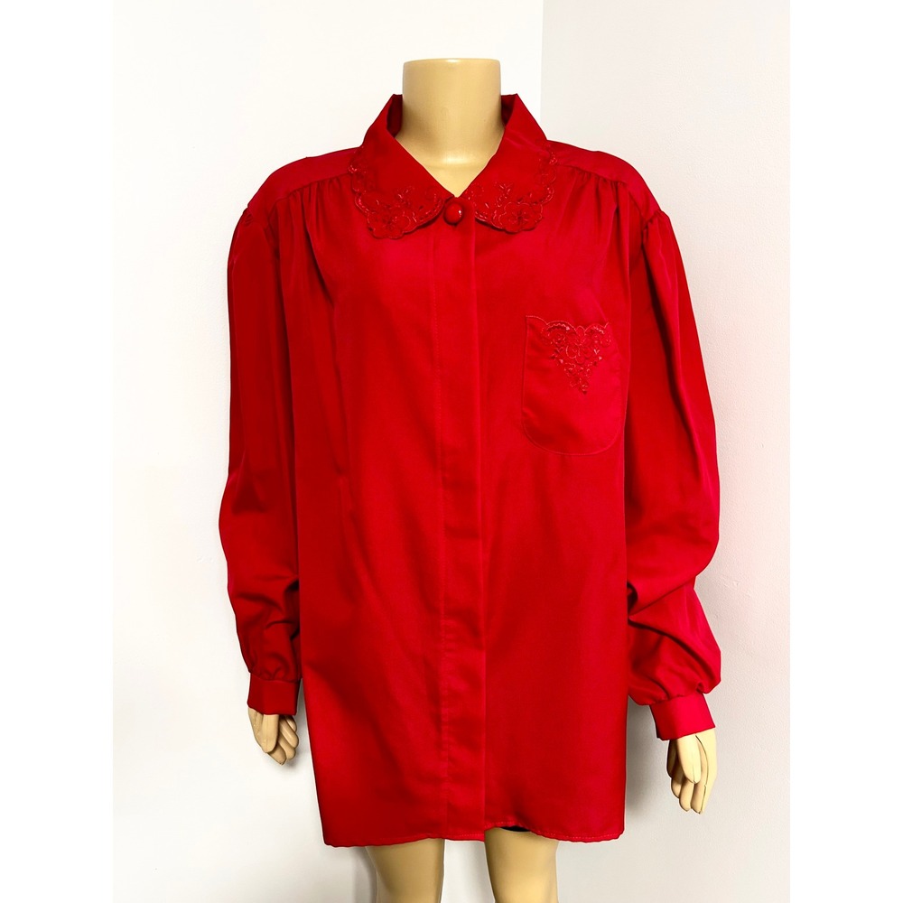 Vintage Act III Red Embroidered Collar Long Sleeve Blouse Size 24W Made in USA